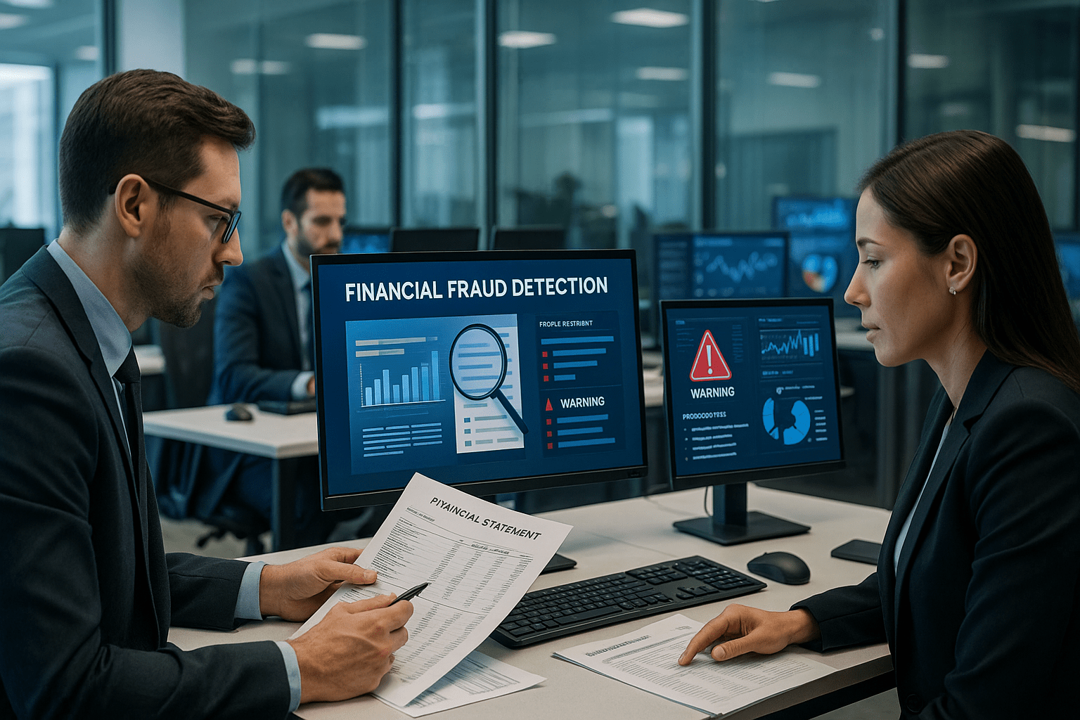 Financial fraud detection training scene with analysts reviewing statements and digital dashboards.