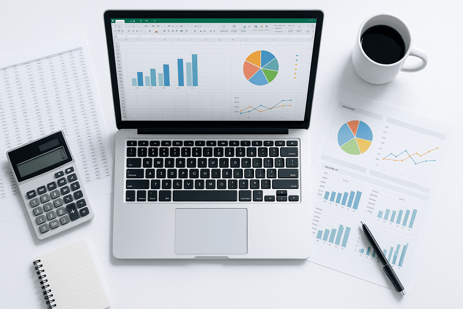 Professional flat-lay workspace with laptop, spreadsheets, charts, and financial modelling in Excel tools.