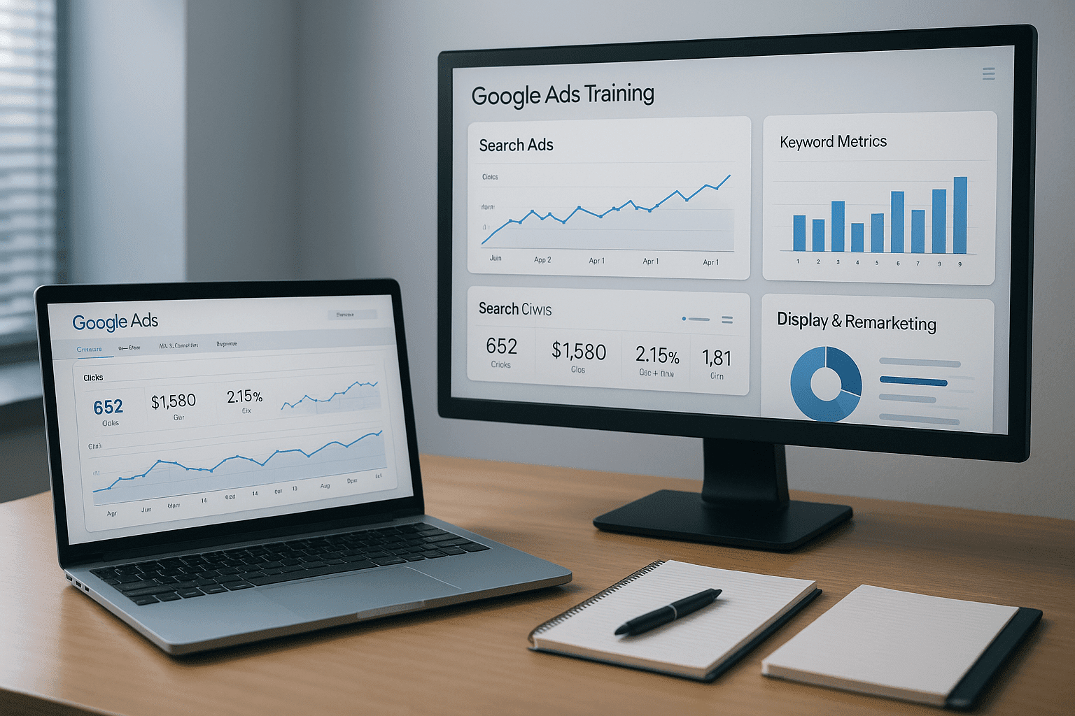 Google ads training workspace with search ads dashboards, analytics charts, and optimisation tools on screen.