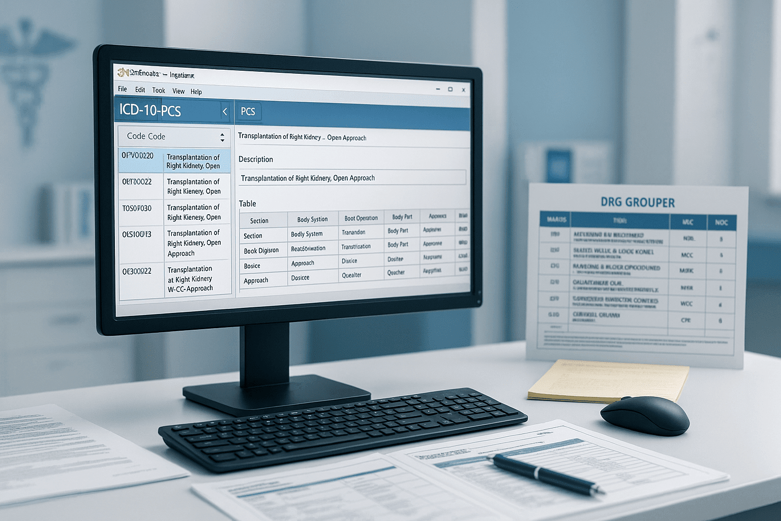 ICD-10-PCS coding workstation with 3M Encoder, DRG charts, surgical procedure workflows and inpatient documentation.