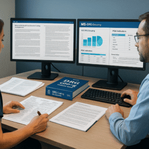 Inpatient DRG coding training scene with coders reviewing charts, ICD-10-CM guidelines, and MS-DRG dashboards.