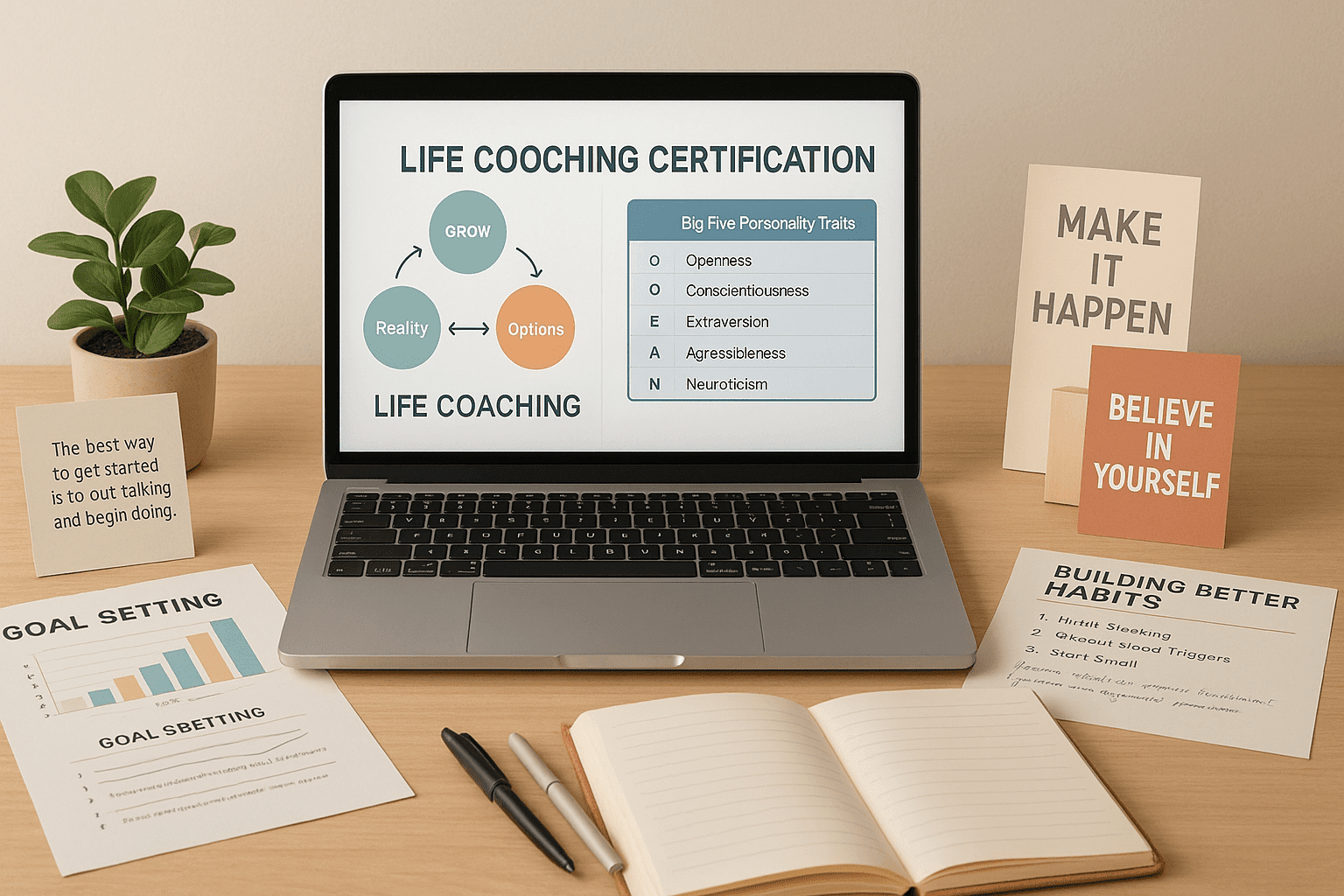 Life coaching certification workspace with coaching tools, personal development notes and goal-setting visuals