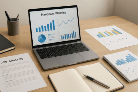 Modern HR planning desk with charts, laptop and workforce data visual; Manpower Planning course cover image.