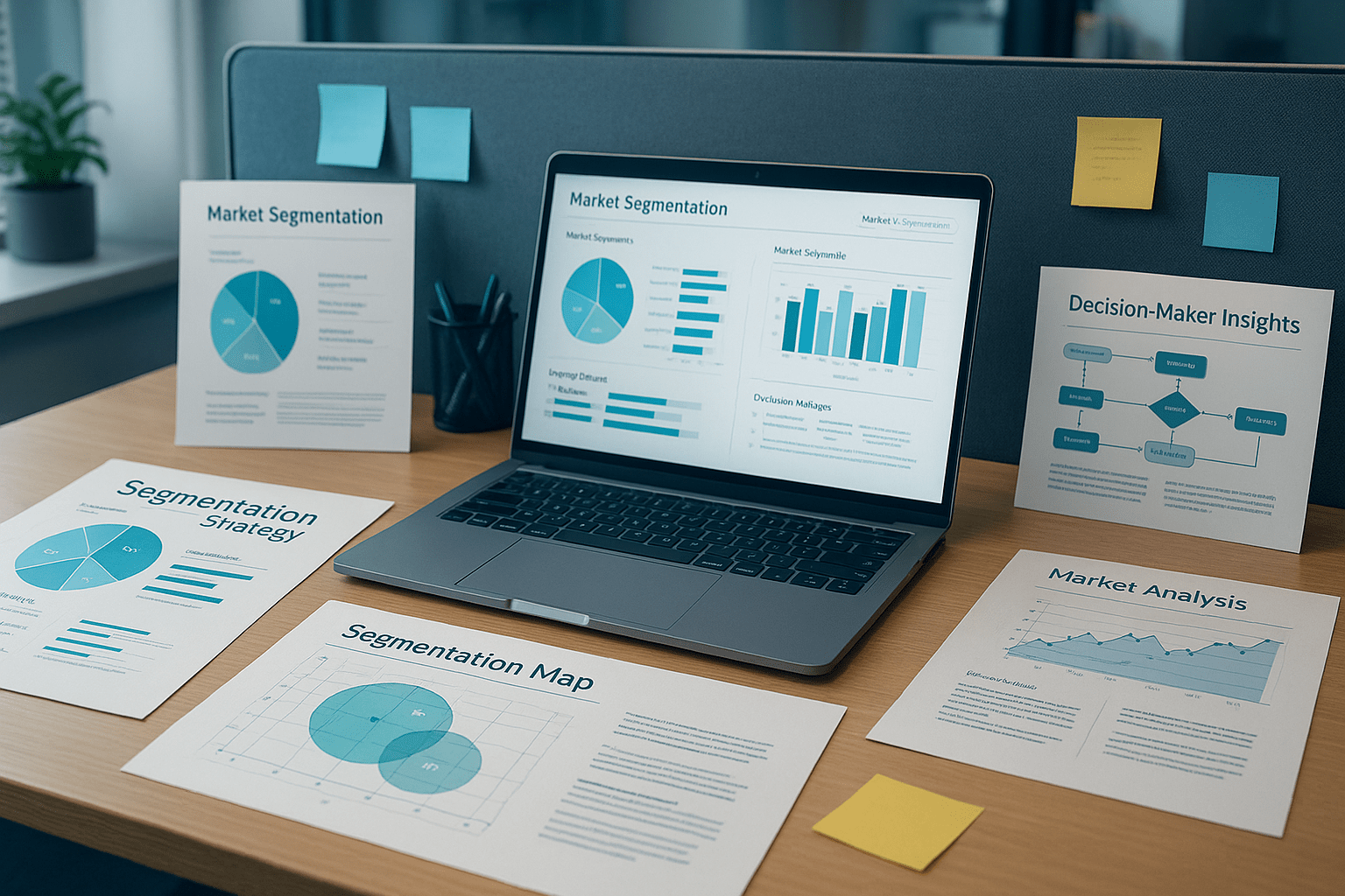 Professional workspace showing market segmentation strategy charts, decision-maker mapping, and analysis tools.