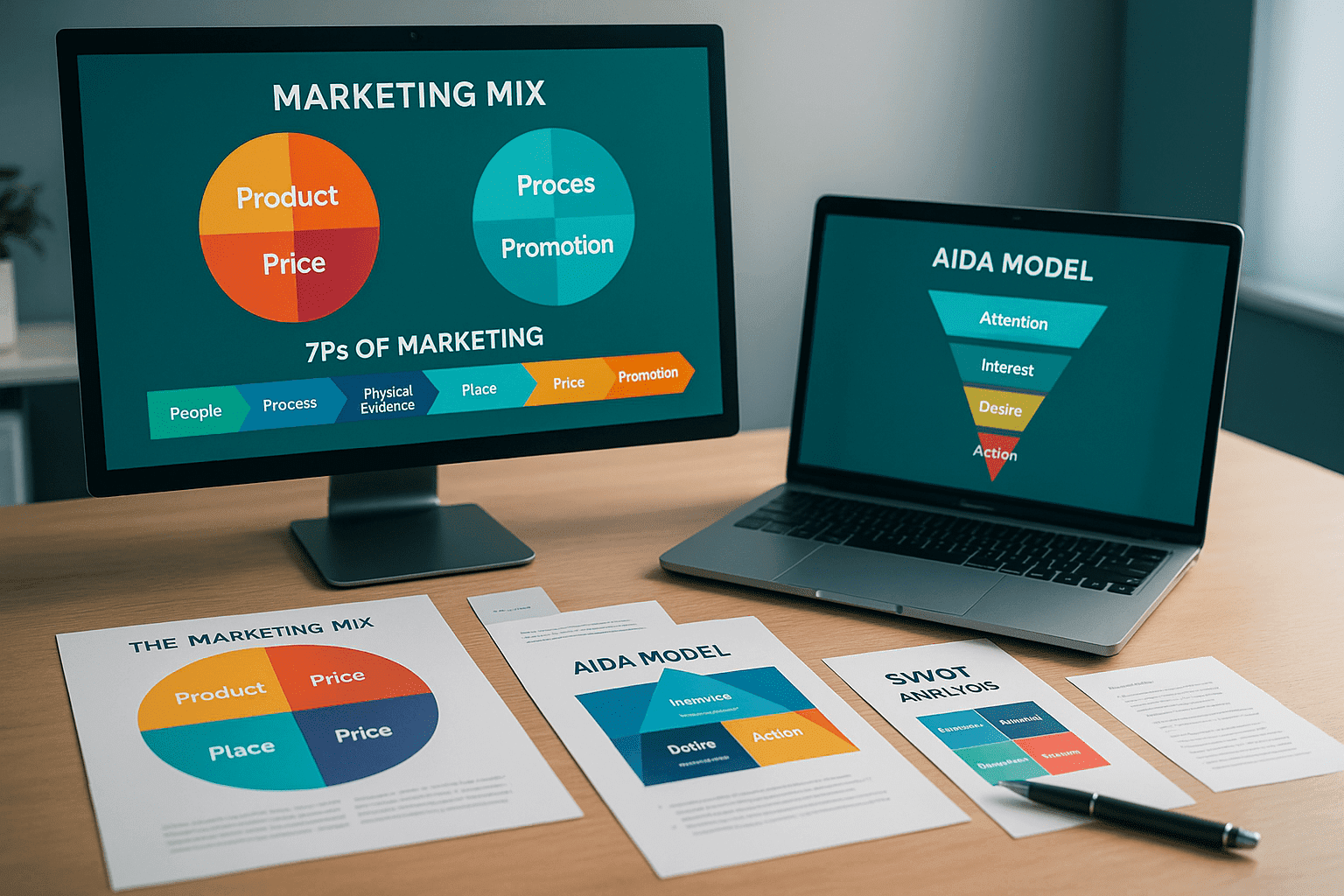 Marketing mix masterclass workspace with 4Ps, 7Ps and AIDA charts on laptop and documents in a modern marketing environment.