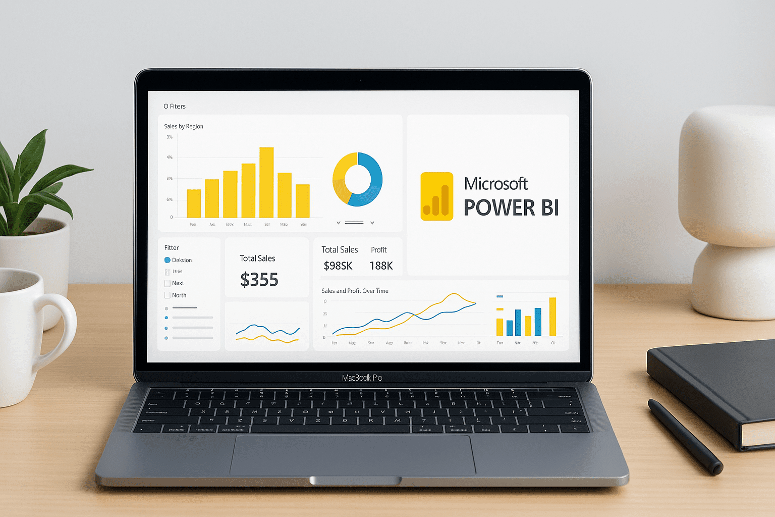 Modern workspace with laptop displaying a Power BI dashboard, colourful charts, and analytics visuals representing a Microsoft Power BI course.