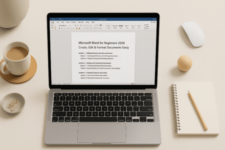 Clean flat-lay workspace with laptop showing a Microsoft Word beginners document layout.