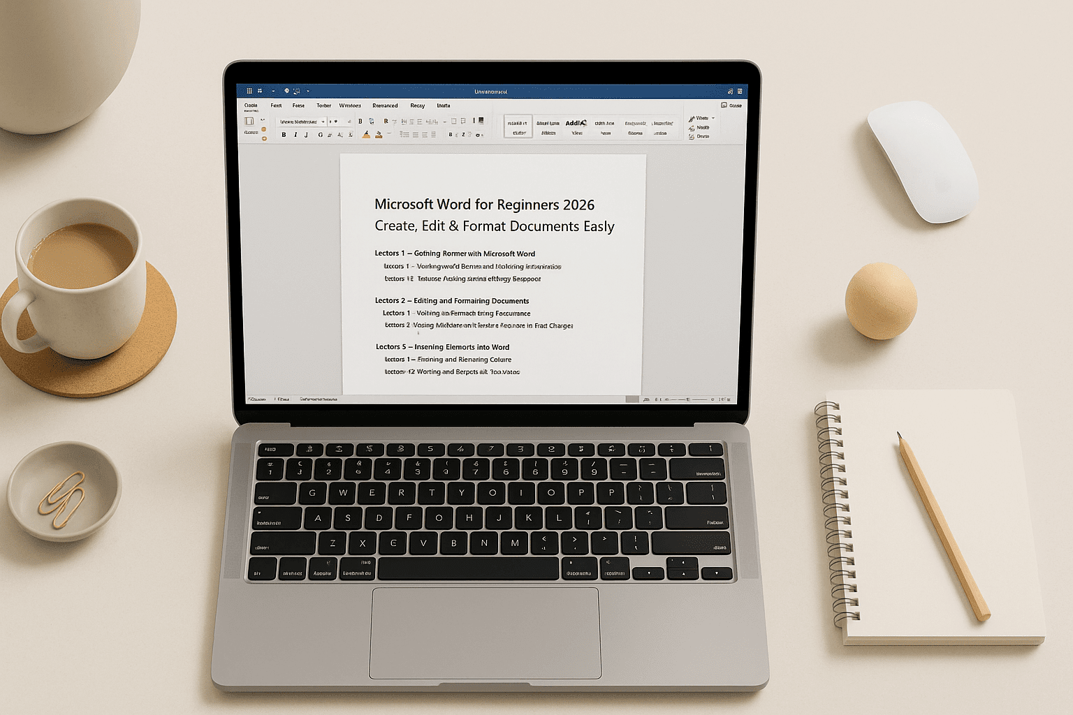 Clean flat-lay workspace with laptop showing a Microsoft Word beginners document layout.