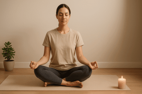 Mindfulness Practitioner Training image showing a person practising mindful meditation in a calm, minimal setting.