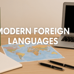 Modern foreign languages diploma cover featuring textbooks, maps, a notebook, pens, and a clean study desk with global communication elements.