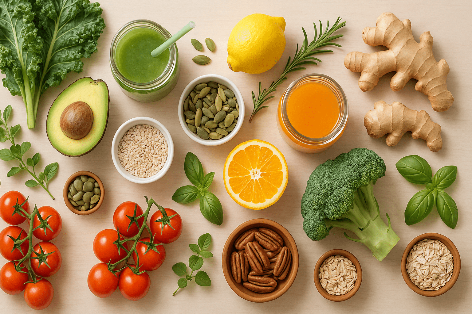 Holistic scene showing fresh foods, herbs, and detox elements representing naturopathic nutrition and natural healing.