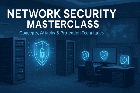 Professional network security masterclass cover showing secure servers, digital shields, and defence systems.