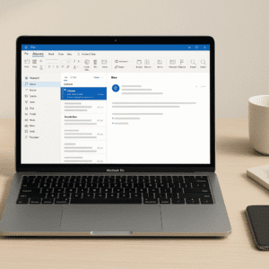 Outlook for beginners 2025 course image showing a clean desk setup with a laptop displaying an organised Outlook inbox.