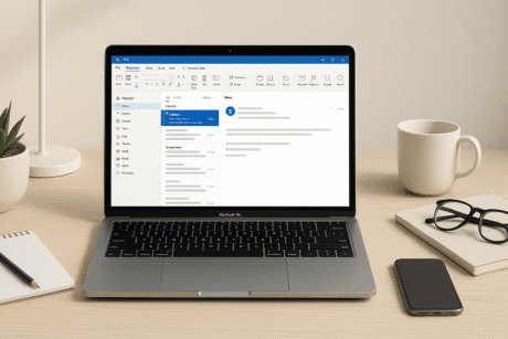 Outlook for beginners 2025 course image showing a clean desk setup with a laptop displaying an organised Outlook inbox.