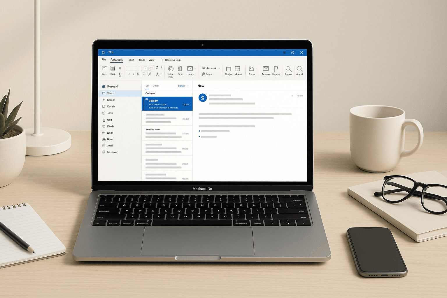 Outlook for beginners 2025 course image showing a clean desk setup with a laptop displaying an organised Outlook inbox.