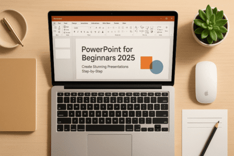 PowerPoint for beginners 2025 course image showing a clean laptop workspace and presentation design tools.