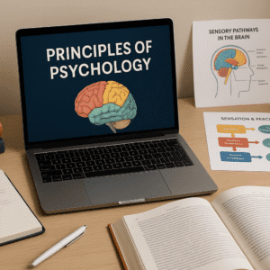 Modern psychology study scene with brain diagram, books and laptop; Principles of Psychology course image.