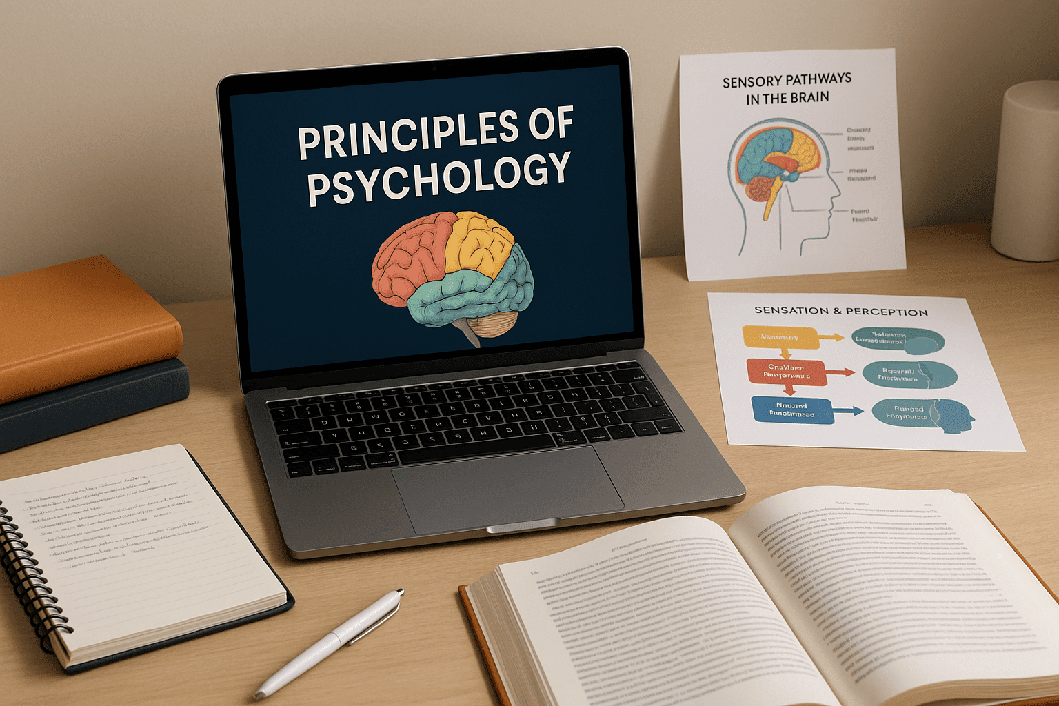 Modern psychology study scene with brain diagram, books and laptop; Principles of Psychology course image.