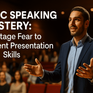Public speaking mastery cover image showing a confident speaker addressing an audience.