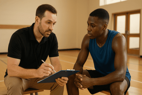 Sport Psychology Training image showing a coach guiding an athlete through mindset and performance strategies.