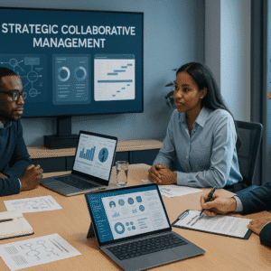 Strategic collaborative management workspace with leaders planning teamwork, projects, and change strategies.