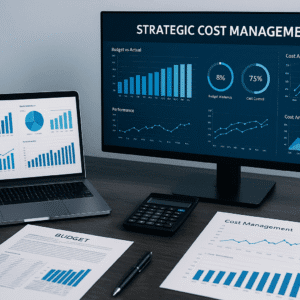 Strategic cost management workspace with budgeting charts, dashboards and performance metrics on a modern desk.