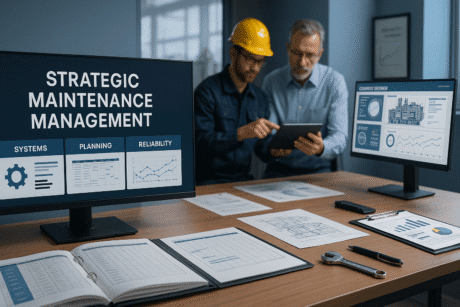 Strategic maintenance management training scene with planning charts, tools, and reliability workflows.