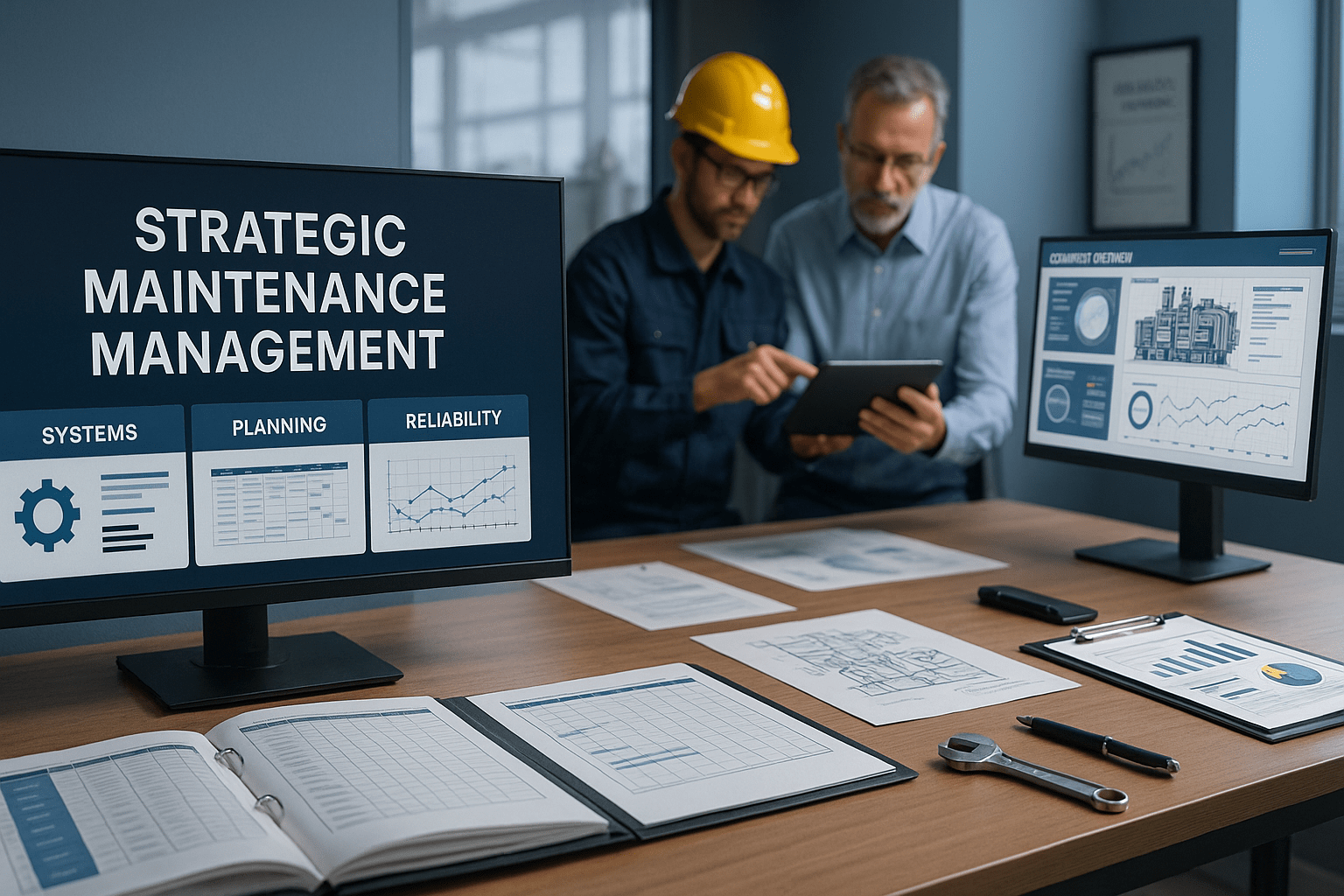 Strategic maintenance management training scene with planning charts, tools, and reliability workflows.
