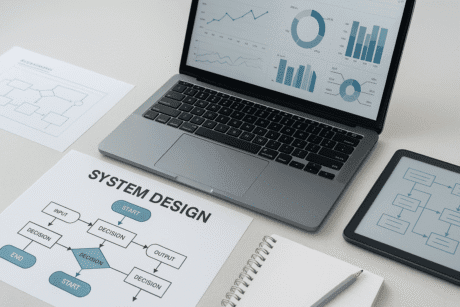 Technical workspace with diagrams, flowcharts, and digital interfaces illustrating the structure and planning of a system design course.