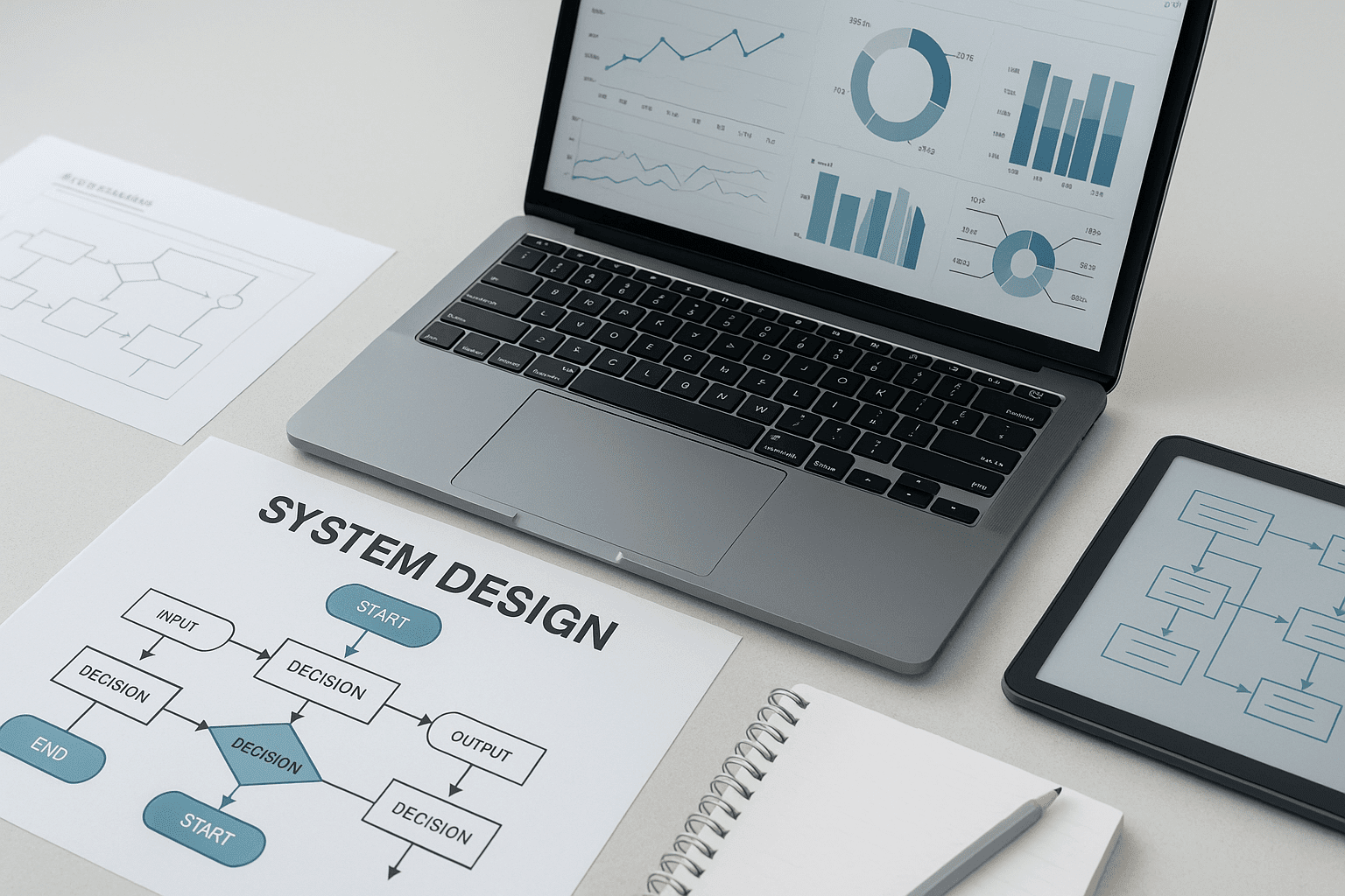 Technical workspace with diagrams, flowcharts, and digital interfaces illustrating the structure and planning of a system design course.