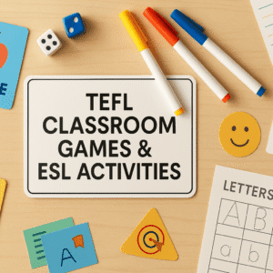 Flat-lay of teaching tools, flashcards, markers, and game icons representing TEFL classroom games and ESL activity ideas.