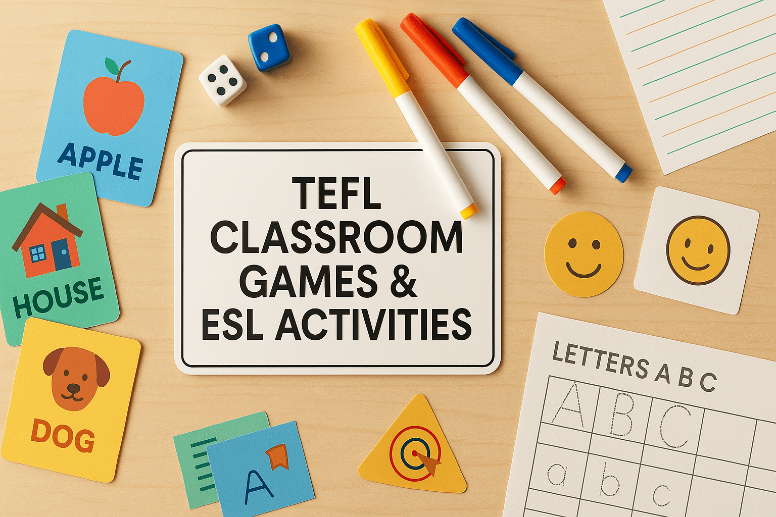 Flat-lay of teaching tools, flashcards, markers, and game icons representing TEFL classroom games and ESL activity ideas.