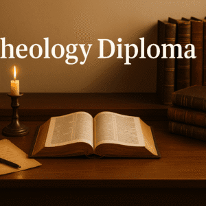 Theology diploma cover showing books, candlelight, ancient texts, and a study desk representing advanced theological learning.