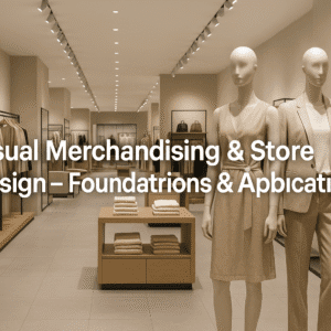 Professional retail display scene showing modern fixtures and layouts, highlighting visual merchandising design principles.