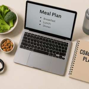 Flat-lay fitness desk with coaching tools, notebook, and healthy foods representing weight loss coach training