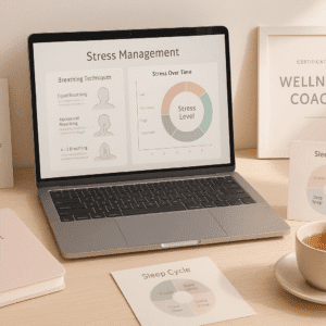 Wellness coach certification workspace showing stress, emotional balance and sleep tools