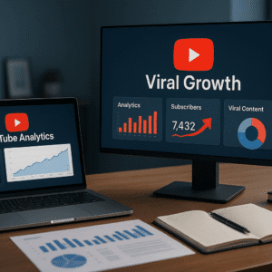 Digital workspace showing YouTube analytics, charts, and viral growth strategies for YouTube Views Growth.