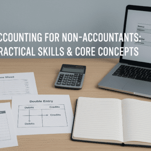 A UK-style workspace with financial statements, ledgers, and accounting tools, illustrating an accounting for beginners training environment.