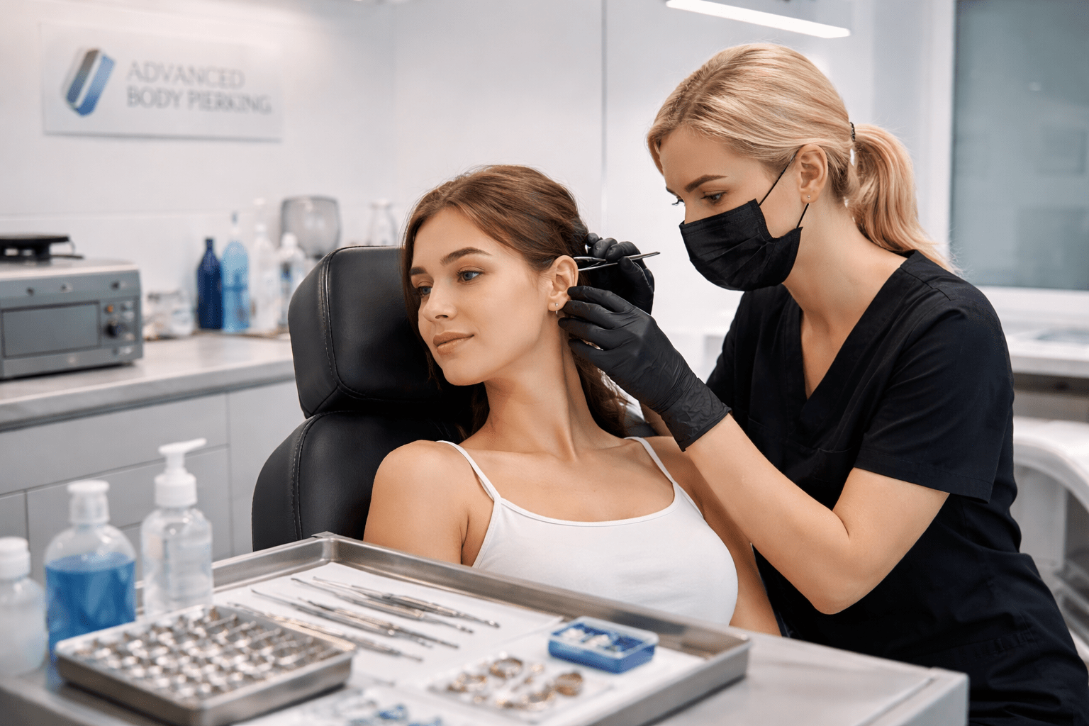 Advanced body piercing professional performing a sterile studio procedure in a modern UK piercing clinic