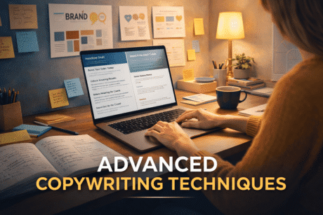 Advanced copywriting training showing a writer creating persuasive and creative marketing copy on a digital workspace