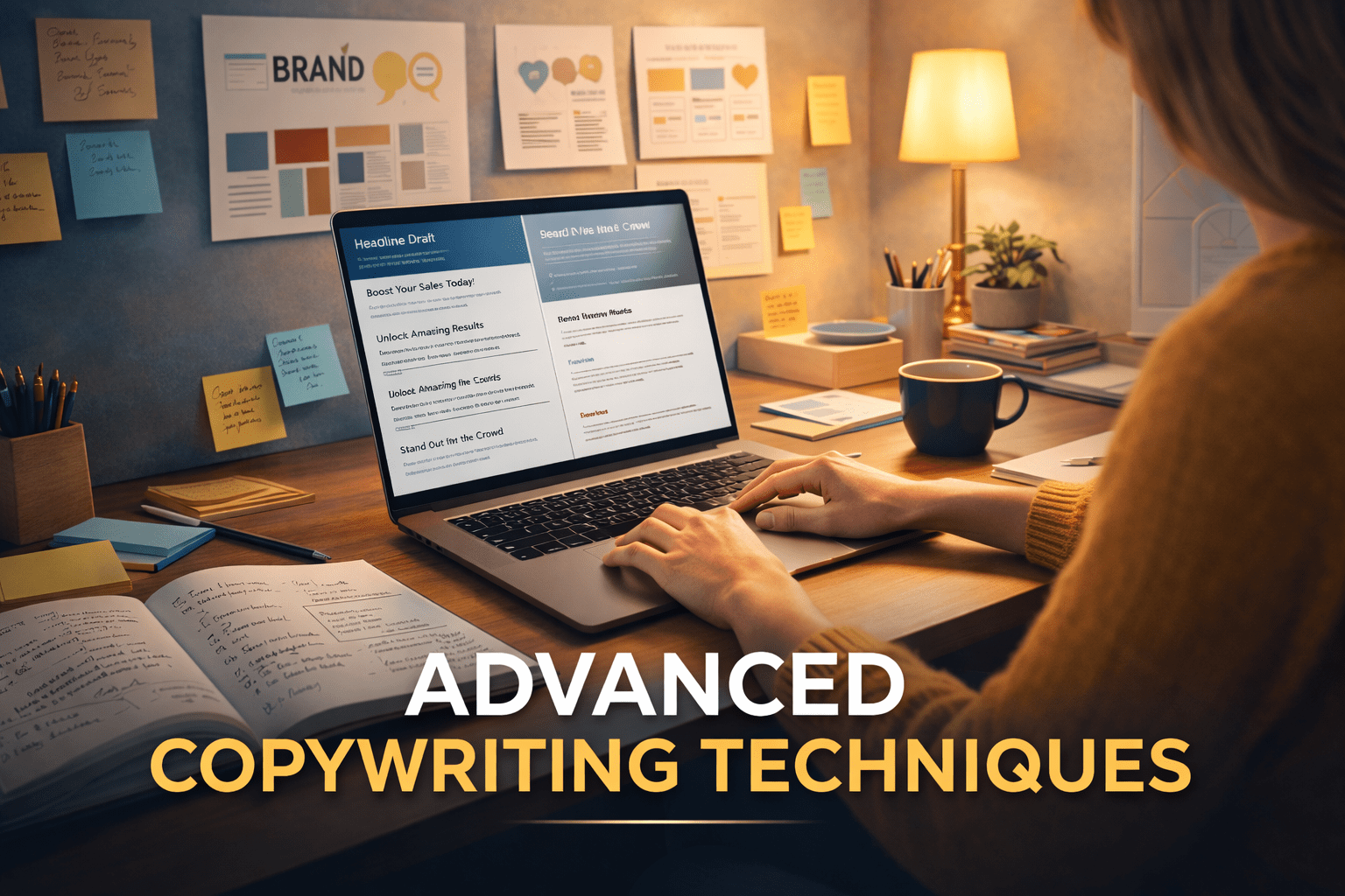 Advanced copywriting training showing a writer creating persuasive and creative marketing copy on a digital workspace