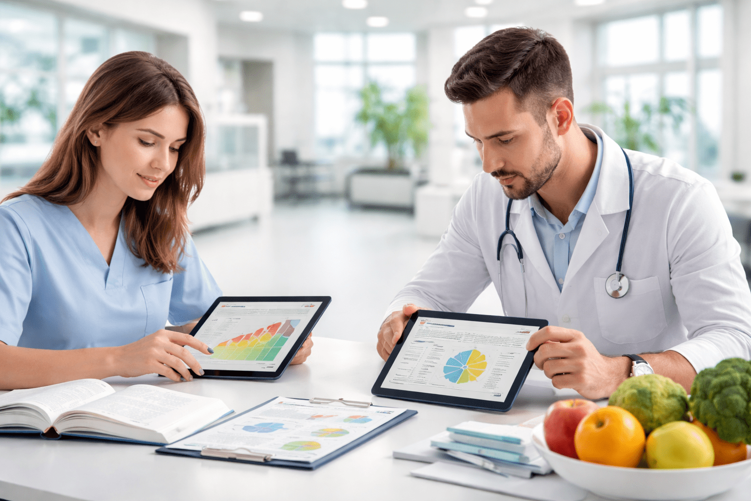 Professional learning scene for the advanced dietetics diploma showing clinical nutrition and patient-focused dietary planning