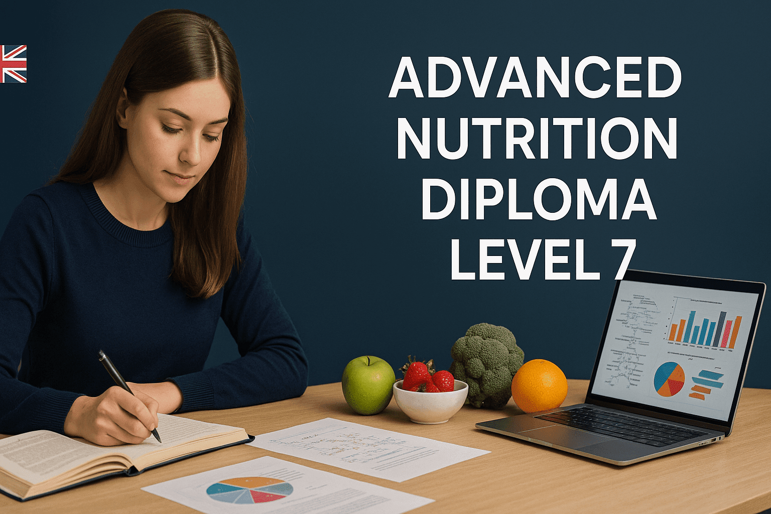 Advanced Nutrition Diploma Level 7 banner showing UK learners studying nutrition science with books, charts and healthy foods.