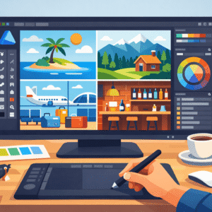 Professional flat design artwork created in an Affinity Designer illustration masterclass showing digital scenes and vector elements