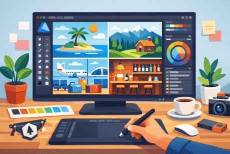 Professional flat design artwork created in an Affinity Designer illustration masterclass showing digital scenes and vector elements