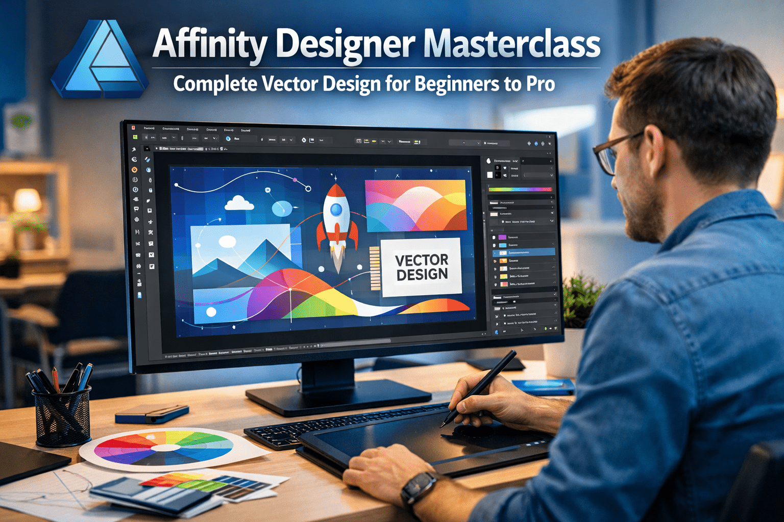 Professional designer creating vector artwork in Affinity Designer vector design masterclass workspace