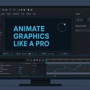 After Effects animation workspace showing keyframes, motion paths, trim paths, and animated title graphics