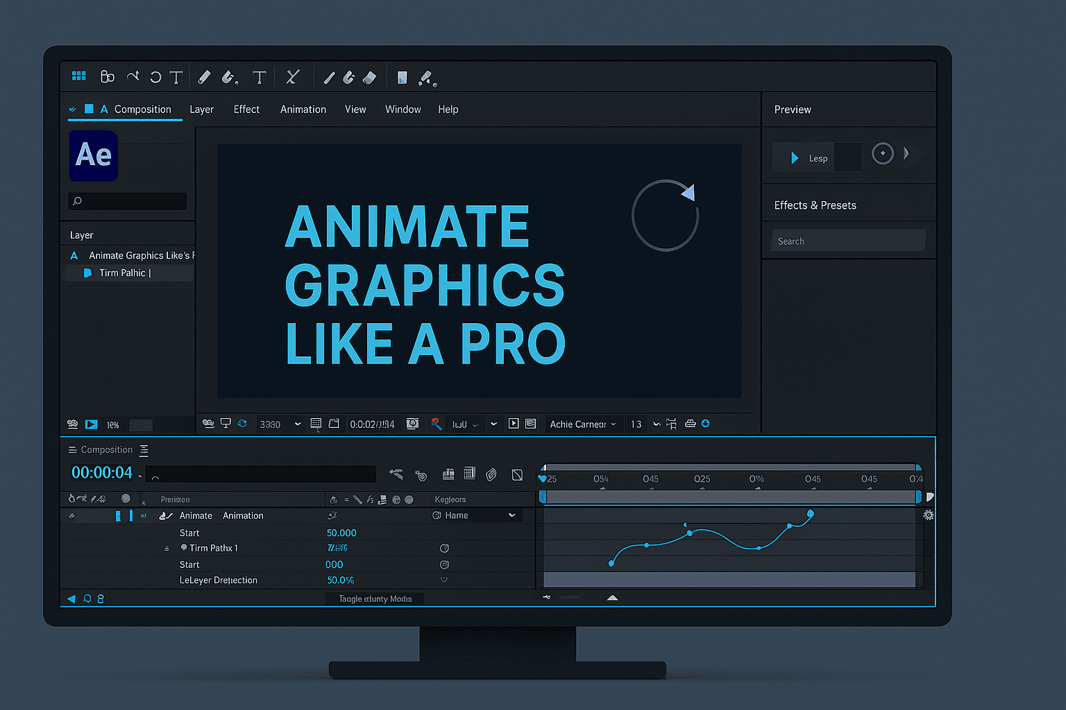 After Effects animation workspace showing keyframes, motion paths, trim paths, and animated title graphics