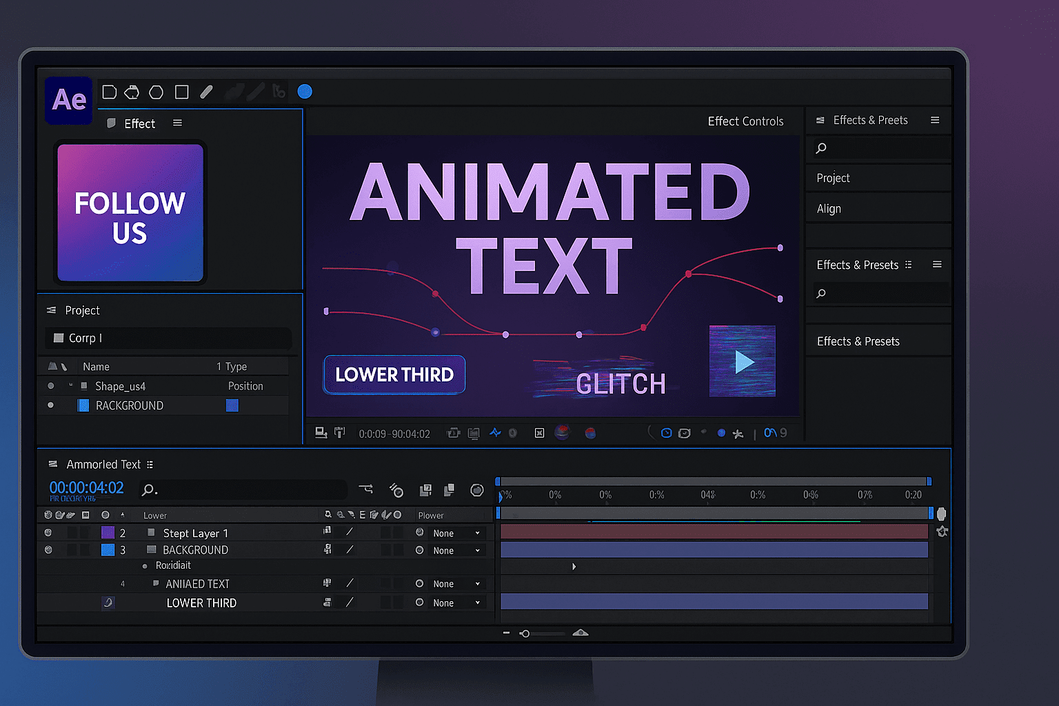 After Effects crash course showing motion graphics timeline, animated text, keyframes, and social media video design workspace