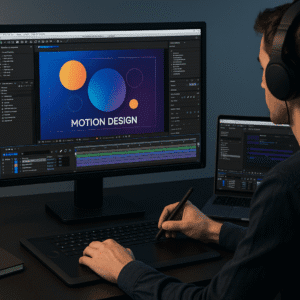 Designer creating motion graphics in Adobe After Effects with animated shapes and text, representing After Effects for Beginners.
